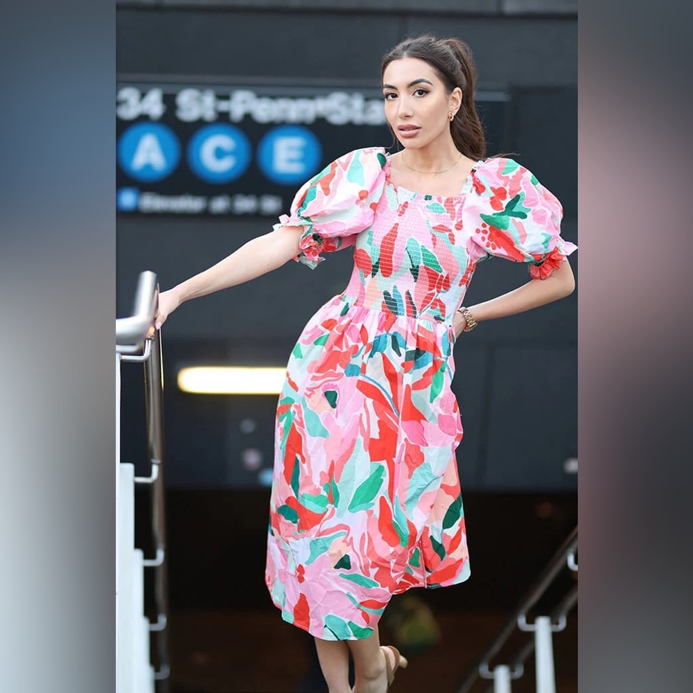 NWT Jessie Zhao MARISA WATERMELON SMOCKED MIDI DRESS Size 6